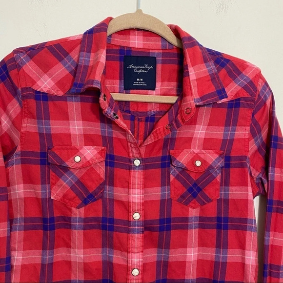 American Eagle Snap Button Down Plaid Shirt Size M - Picture 2 of 9